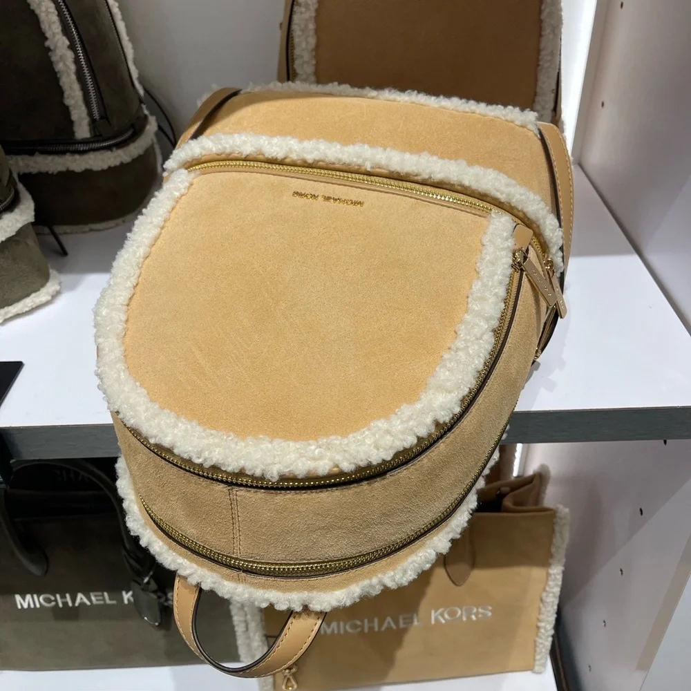 MICHAEL KORS Rhea Medium Suede and Faux Shearling Backpack Peanut  NWT